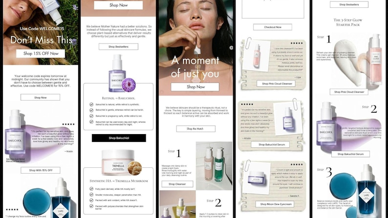 May include: A promotional image featuring skincare products with text that reads "Don't Miss This" and "A moment of just you". The image includes various bottles, jars, and a 3-step starter pack, with the words "Shop Now" displayed.
