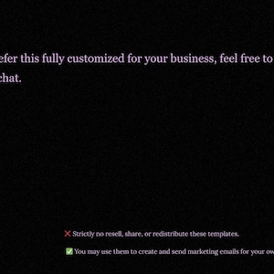 May include: Black background with pink text stating, "If you prefer this fully customized for your business, feel free to reach out via Etsy chat." Below, a red "X" and green checkmark with text regarding template usage.