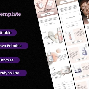 May include: An email template design with a dark background and purple accents. The text "Email Template" is at the top. Below are purple buttons with text: "Figma Editable", "Canva Editable", "Easy to Customize", and "Ready to Use". The right side shows skincare product layouts.