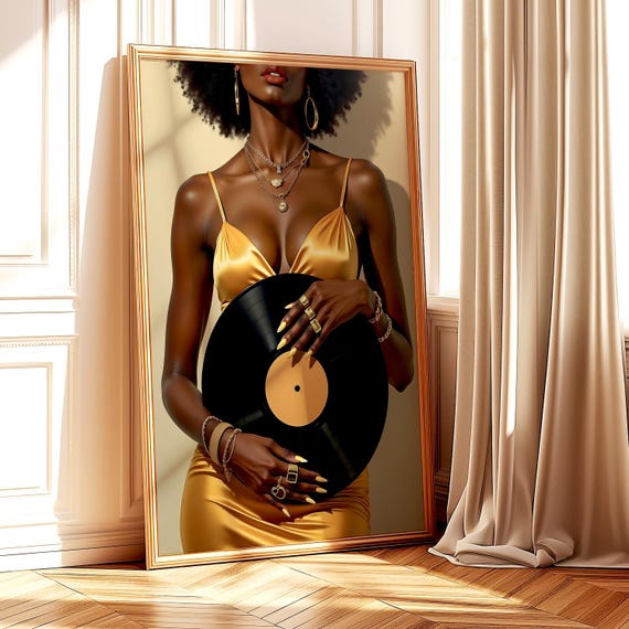 Afrocentric Vinyl Records Art Print - Black Woman Abstract Wall Art, Music Lover Poster, Vintage Collage Decor, Digital Download Printable