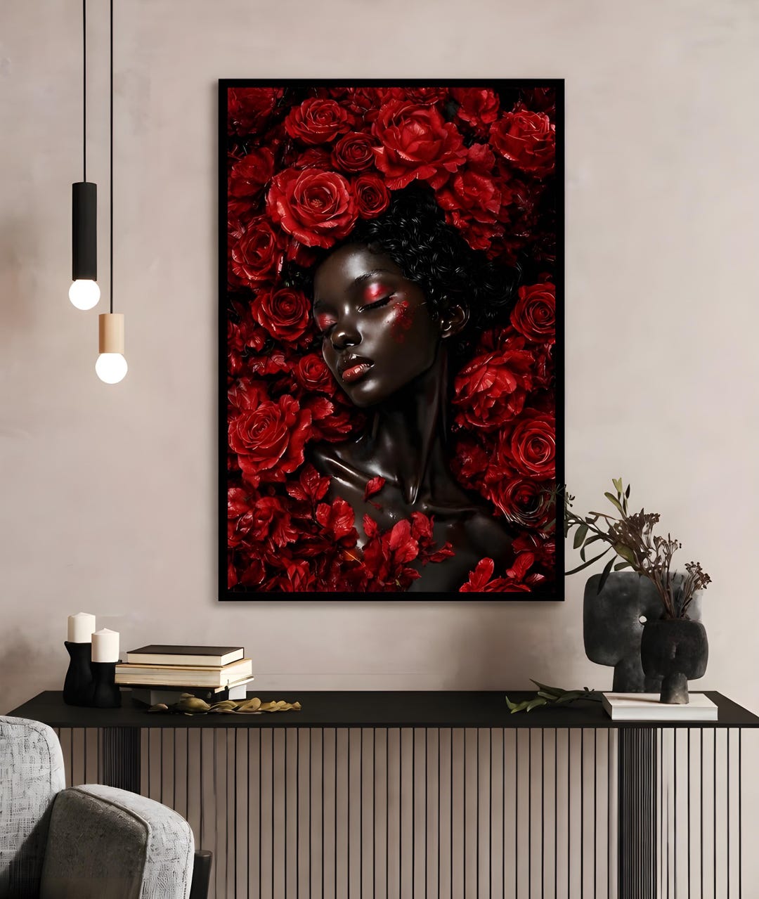 Black Flower Woman Wall Art Print, Black Girl Floral Portrait, African ...