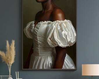 May include: A framed portrait of a person wearing a white, off-the-shoulder dress with puffed sleeves. The dress has a fitted bodice and a flowing skirt. The background is a muted green, and the person has dark skin and dark hair.