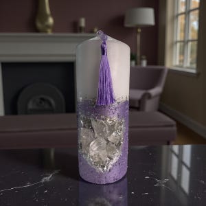 Purple Crystal Geode Candle | Handmade Paraffin Candle with Tassel & Concrete Base | Luxury Home Decor Gift | Unique Handcrafted Piece