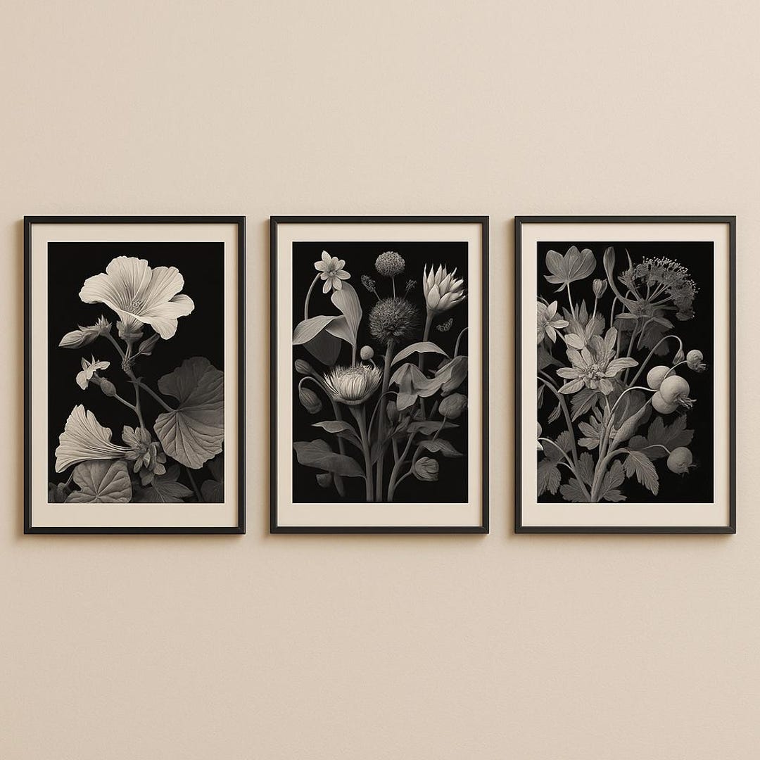 Botanical Wall Art Prints, Black and White Flower Illustrations ...