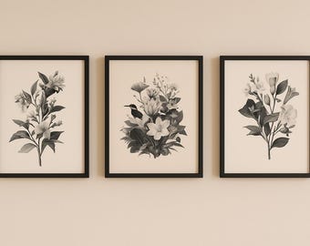 Botanical Floral Prints Set | Vintage Black and White Art (digital ...