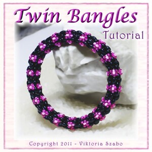 May include: A beaded bangle bracelet with a black base and pink floral accents. The text "Twin Bangles Tutorial" is at the top, with "Copyright 2011 - Viktoria Szabo" at the bottom. The bracelet is displayed on a white background.