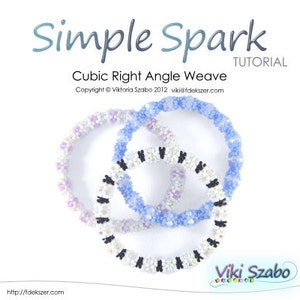 May include: Three beaded bracelets in shades of white, lavender, and blue, arranged on a white background. The bracelets are made using the cubic right angle weave technique. Text includes "Simple Spark Tutorial" and "Viki Szabo".