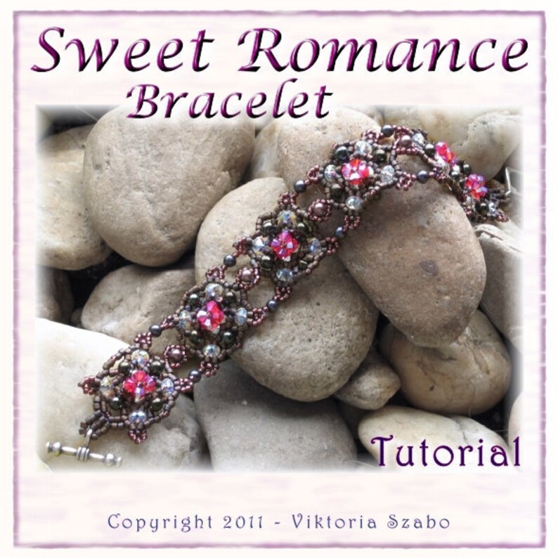 May include: A beaded bracelet with a brown and silver colour scheme. The bracelet features a repeating pattern of small, clear beads and larger, pink beads. The bracelet is displayed on a bed of grey rocks. The text "Sweet Romance Bracelet Tutorial" and "Copyright 2011 - Viktoria Szabo" is visible in the image.