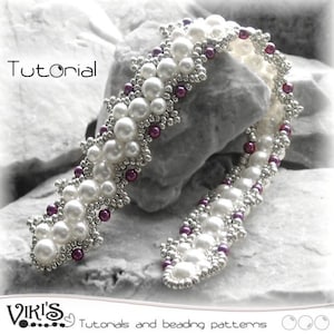 May include: A beaded bracelet tutorial called "Berry" with white and purple beads on a gray background.