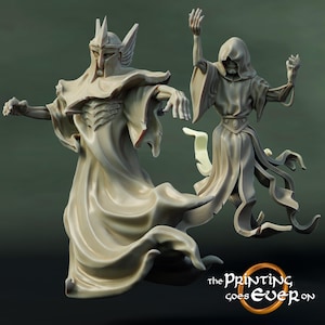Könnte beinhalten: Zwei detaillierte, hellfarbene Fantasy-Figuren. Eine Figur trägt einen Helm und fließende Roben, die Arme ausgestreckt. Die andere ist eine Kapuzenfigur mit skelettartigen Merkmalen, die Arme erhoben. Das Logo The Printing Goes Ever On ist sichtbar.