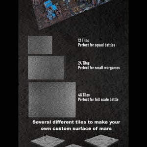 Può includere: Immagine di tessere per giochi da tavolo. L'immagine mostra varie dimensioni di tessere, tra cui 12, 24 e 48 tessere, adatte per battaglie di squadra, piccoli wargame e battaglie su larga scala. Il testo sull'immagine dice "TABLE TILES".
