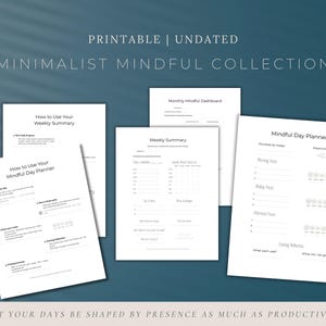 Puede incluir: Una colección de planificadores minimalistas y sin fecha, imprimibles y conscientes. La imagen muestra varias hojas blancas con texto negro, incluyendo un resumen semanal, un planificador diario consciente y un panel mensual. El texto incluye "How to Use Your Weekly Summary" y "Let your days be shaped by presence as much as productivity."