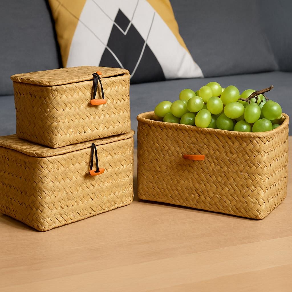 Panier de rangement rond bicolore en jonc de mer tressé