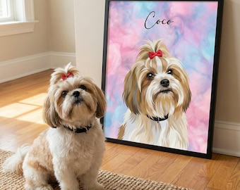 Peut inclure: Un chien Shih Tzu avec un nœud rouge est assis sur un tapis tissé à côté d'un portrait encadré d'un chien similaire. Le portrait a un fond aquarelle avec le nom "Coco" écrit en script. Le chien du portrait et le vrai chien ont une coloration similaire.
