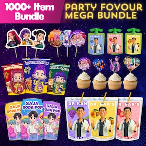 Peut inclure: Un méga ensemble de cadeaux de fête avec divers articles. Comprend des décorations de cupcakes, des pochettes à boissons et des emballages de soda avec des personnages de dessins animés. L'image montre également des gobelets de boissons.