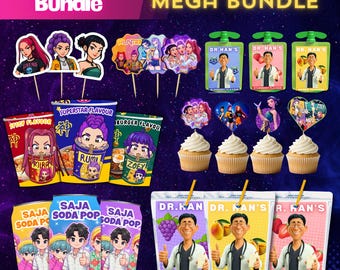 Kpop Demon Hunter Bundle, Ramen Cup Noodle Etiketten, Caprisun GoGo Squeez Saft Etikett, 5 Getränkedosen Etiketten, Huntrix Saja Boys Cupcake Toppers