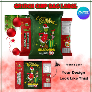 Puede incluir: Etiqueta de bolsa de patatas fritas verde con temática de Grinch, con el Grinch con traje de Papá Noel y Cindy Lou Who. El texto dice "Happy Birthday" y "Sharonda Turns 10". Incluye un diseño rojo y verde.