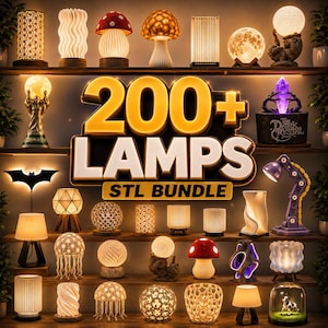 Peut inclure: Une collection de lampes décoratives variées présentées sur des étagères, incluant des formes de champignons, de sphères et de motifs géométriques. Le texte central indique 200+ LAMPS STL BUNDLE, un ensemble de fichiers pour impression 3D.