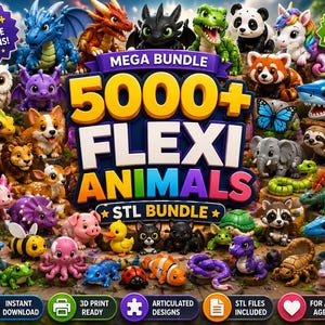 May include: A digital collection of 5000+ articulated flexi animal designs for 3D printing. The image features a large central title reading 5000+ FLEXI ANIMALS STL BUNDLE surrounded by various colorful, cartoon-style 3D printed animal figures.