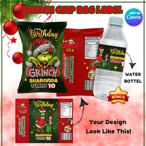 Puede incluir: Un diseño de fiesta de cumpleaños con temática de Grinch que presenta una bolsa de patatas fritas y una etiqueta de botella de agua. La bolsa de patatas fritas tiene un fondo verde con el Grinch con un gorro de Papá Noel. La etiqueta de la botella de agua tiene un diseño a juego.