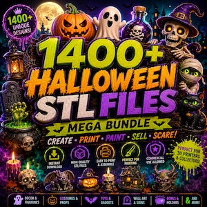 May include: A digital graphic featuring the text 1400+ HALLOWEEN STL FILES MEGA BUNDLE, surrounded by illustrations of a pumpkin, ghost, skull, mummy, black cat, and haunted house. The image includes icons for download, print, and commercial use.
