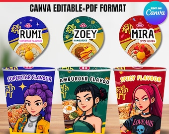 Cacciatori di demoni Kpop, etichette modificabili per noodle in tazza su Canva Ramyeon, festa cosplay Huntrix Ramen, Rumi Mira Zoey, festa Kpop, pacchetto stampabile