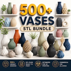 Peut inclure: Une collection numérique de 500+ vases dans un lot STL pour impression 3D. L'image présente divers vases décoratifs aux formes, textures et couleurs variées, incluant des motifs géométriques, nervurés et en spirale, avec des étiquettes.