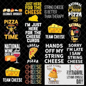Puede incluir: Una colección de gráficos y texto con temática de queso sobre un fondo negro. Los diseños incluyen rebanadas de queso, pizza y frases como "Team Cheese" y "National Cheese Pizza Day". La paleta de colores incluye amarillo, rojo y blanco.