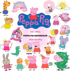 May include: A collection of Peppa Pig digital illustrations featuring various characters, the Peppa Pig logo, numbers 4 and 9, a sun, and rainbows. The text reads 100+ PNGs, Peppa Pig Watercolor, and High Quality on a light pink background.