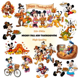 Puede incluir: Una colección de ilustraciones digitales con Mickey Mouse y sus amigos en temas de otoño y Acción de Gracias, incluyendo personajes con pavos, calabazas, pasteles y hojas de otoño. El texto dice Happy Thanksgiving, 210+ PNGs, MICKEY FALL AND THANKSGIVING, High Quality.