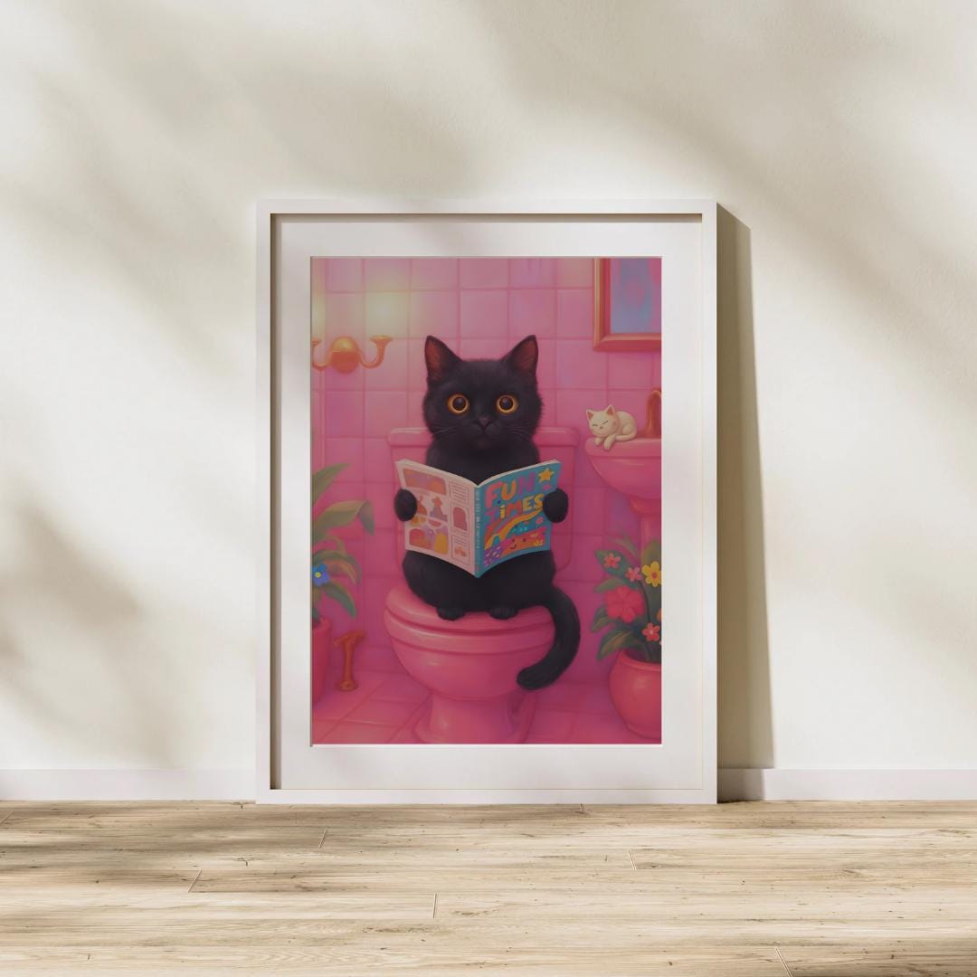Funny Black Cat Toilet Reading Print – Pink Bathroom Whimsical Art ...
