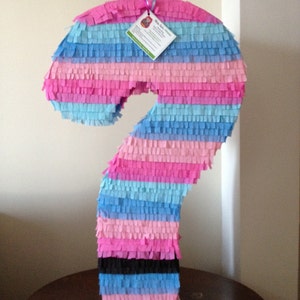 May include: A large pink and blue question mark shaped pinata with a black stripe around the bottom. The pinata has a tag attached to it that says "The Party People".