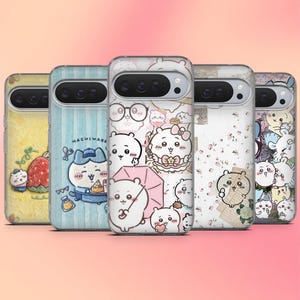 May include: Five phone cases with adorable cartoon designs. The cases showcase diverse backgrounds, such as strawberries, stripes, and floral patterns. Each case has a camera aperture and a unique character illustration, offering a range of styles.