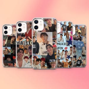 May include: Five clear phone cases, each with a collage of images. The collages feature various photos of a young man, with the name "Malachi Barton" visible on one case. The cases are set against a pink gradient background.