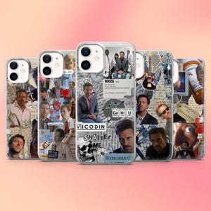 May include: A collection of five phone cases with a collage design featuring images of the TV show "House, M.D." The cases have a clear background with various images and text, including the word "VICODIN".