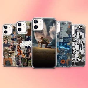 May include: A collection of phone cases featuring various designs. One case displays a scene of a person on a beach with a large wave. Other cases have collage-style designs with images and text. The cases are clear with a glossy finish.
