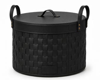 Black Woven Leather Storage Basket with Lid – Handmade Round Organizer, Luxury Home Decor Basket, Blanket & Toy Storage Bin