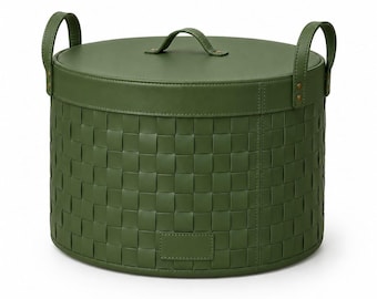 Cesto portaoggetti in pelle intrecciata verde con coperchio – Organizer rotondo fatto a mano, cesto di lusso per l'arredamento della casa, contenitore per coperte e giocattoli