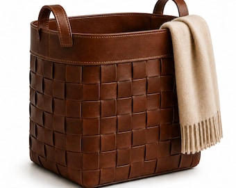 Handmade Brown Leather Storage Basket, Woven Brown Leather Garment Basket, Round Laundry Basket , Criss Cross