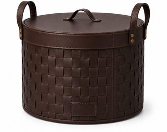 Cesto portaoggetti in pelle intrecciata marrone cioccolato con coperchio – Organizer rotondo fatto a mano, cesto di lusso per l'arredamento della casa, contenitore per coperte e giocattoli