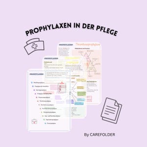 Puede incluir: Un gráfico de color púrpura claro con el texto "PROPHYLAXEN IN DER PFLEGE" e ilustraciones de un gorro de enfermera, una carpeta y una pila de papeles. El gráfico incluye varias páginas de notas con diagramas y listas.