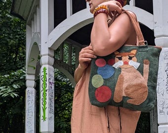 boho bag, handmade cat bag ,real leather , Green handbag