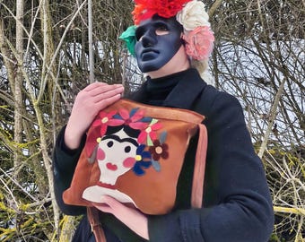 Flower bag  Handmade Brown Leather Handbag - Boho, Crossbody Bag with Adjustable Strap.