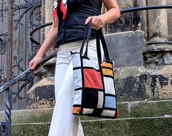 boho bag, Handmade  Piet Mondrian, Leather Tote Bag, Art Design, Handbag Unique Texture