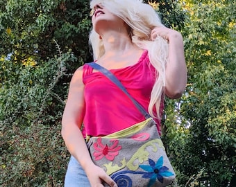 boho bag flower handbag , Handmade Leather , Real Leather,