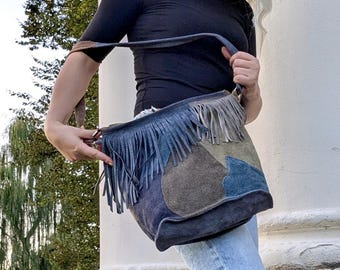 Handmade Blue Leather Bag, Funky, Cowboy, Boho design, Hippie Style, Crossbody bag.