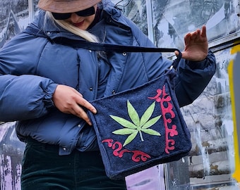 Handmade Hemp & Marijuana Leather Crossbody Bag – Bob Marley Style, Unique Design | Adjustable Strap.