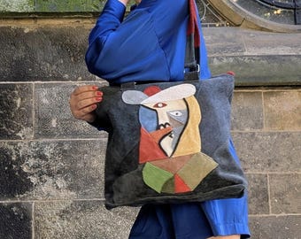 Picasso Handbag Leather, XXL Shoulder Bag Handmade ,Cubism Woman Spanish Inspired Laptop Tote .