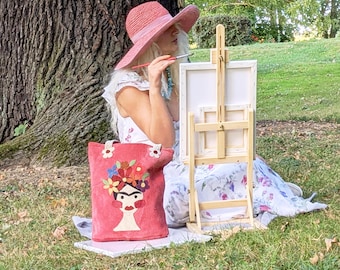 Handmade Mexican Flower Art and Woman Portrait Pink Leather Boho Bag.