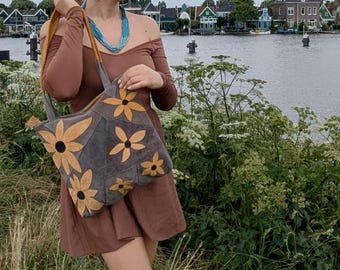 Handmade Boho Leather Bag – Genuine Leather – Sunflower Design